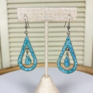 Artisan Vintage Turquoise Chip Inlay Silver Teardrop Earrings Southwestern Boho